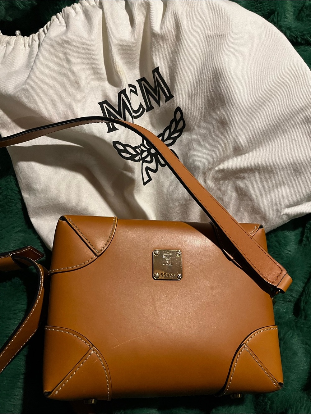 MCM Cognac Leather Crossbody with Gold Plaque